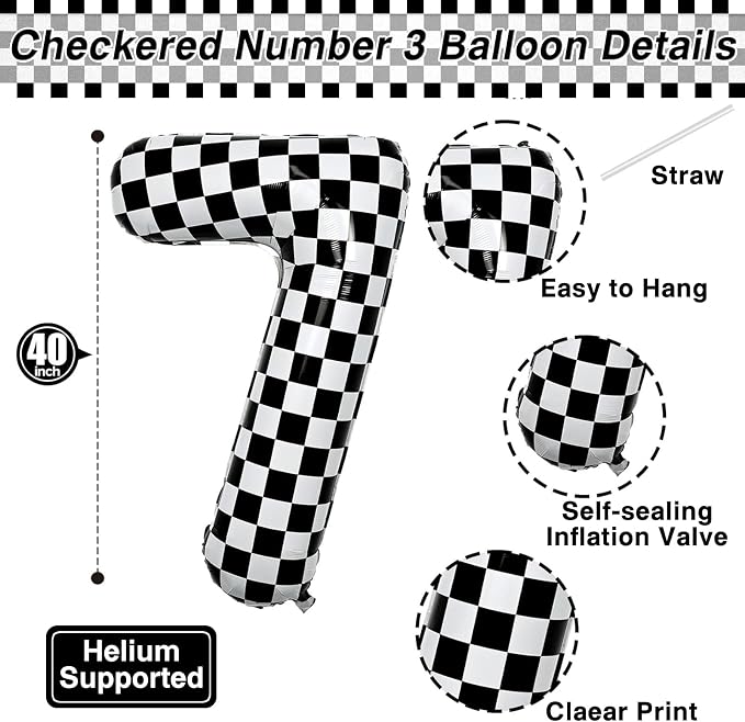 40 Inch Checkered Number 7 Balloon, Large Foil Black and White Number Balloons - Image 4