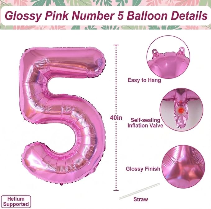 Pink Number 5 Balloon 40 Inch, Glossy Metallic Digit - Image 4