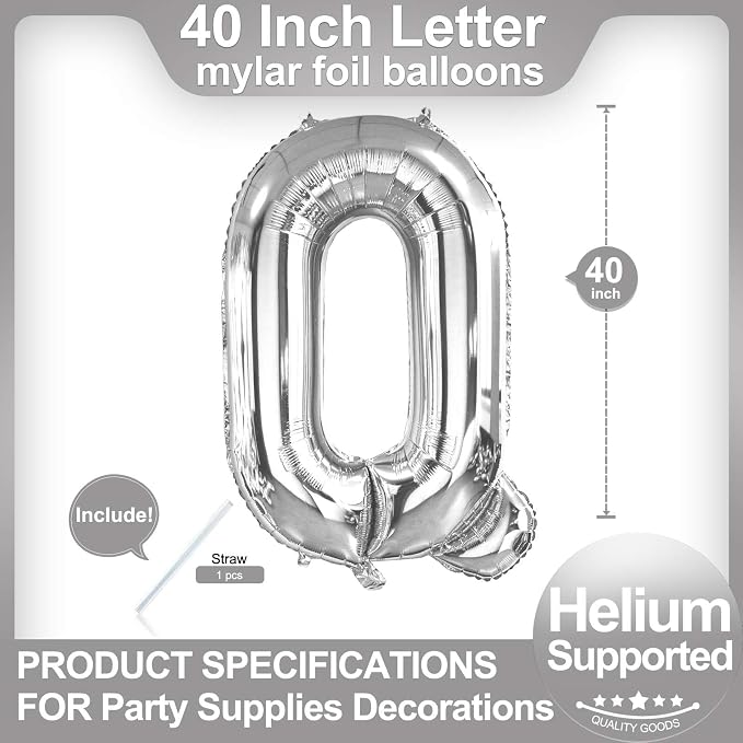 40 Inch Silver Letter Q Balloons, DIY Phrase Foil Alphabet Letter Q Balloons - Image 2