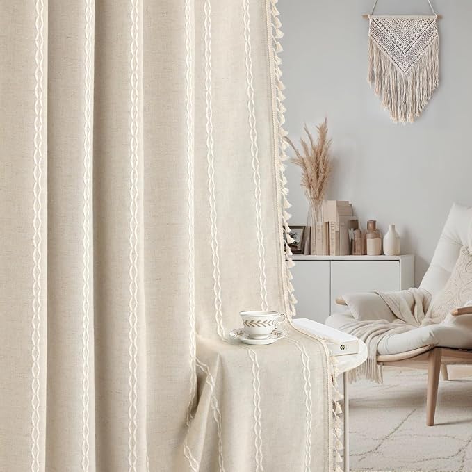 Boho 100% Blackout Curtains 96 Inch 2 Panels Linen Blend Beige | Vintage - Image 7