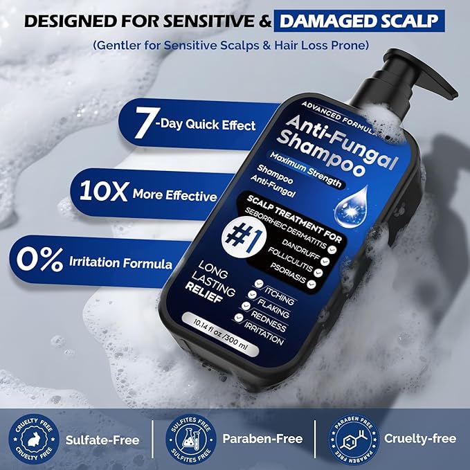 Antifungal Shampoo for Seborrheic Dermatitis, Folliculitis & Scalp Psoriasis, Anti-Dandruff Shampoo for Men & Women, Relieves Scalp Itching, Dryness, Sulfate & Paraben-Free, 10.1 Fl Oz-Fresh