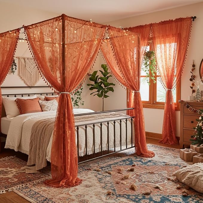 WAZZIO Boho Lace Curtains 102 Inch 2 Panels -Vintage Sheer Panel Drape Floral - Image 7