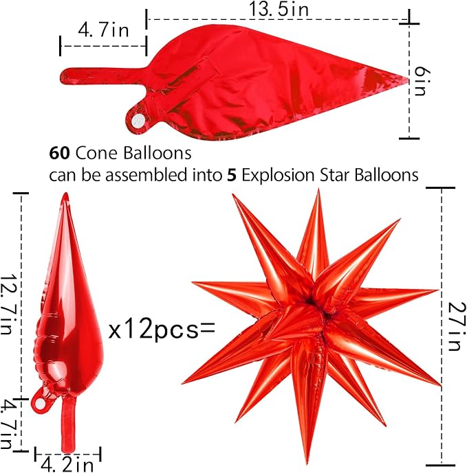 60 Pcs Star Balloons Explosion 12 Point Foil Cone Balloons Magic Balloon Large - Image 5