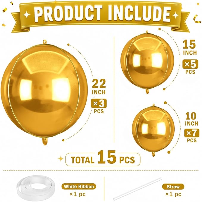 15 Pcs Gold Round Foil Balloons, 22/15/10 Inch 4D Ball Balloons Metallic Gold - Image 2