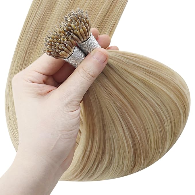 YoungSee 24inch Nano Ring Hair Extensions Human Hair Dark Ash Brown Highlights Golden Blonde Real Human Hair Long Straight Nano Blonde Hair Extension Adding Length Pre Bonded Hair 50g 50s