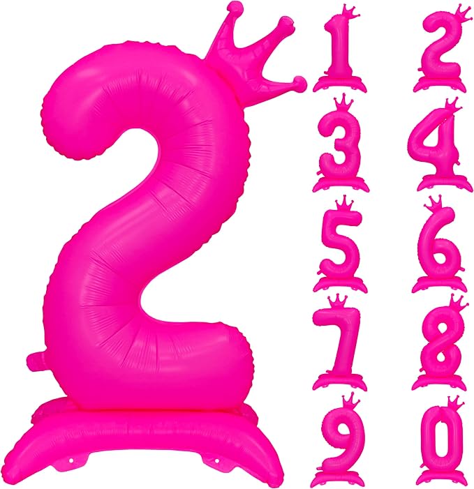 Fluorescent Pink Crown Number 2 Foil Balloon Neon Glow In The Dark Balloon | by YOIOZAIZAI
