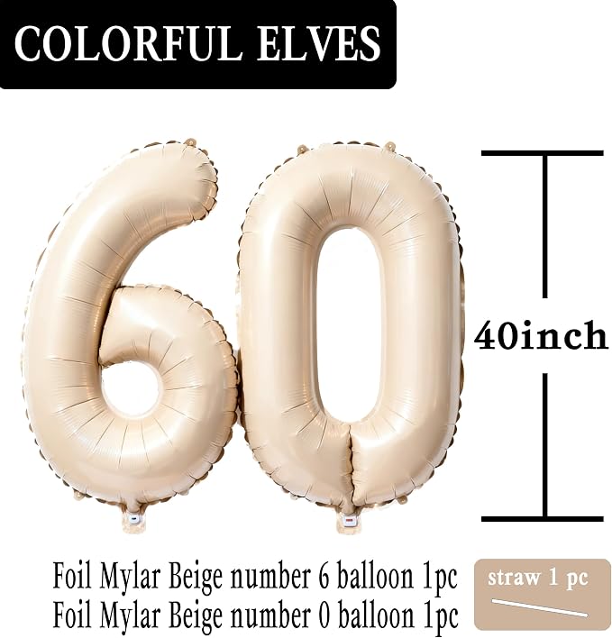 Beige Number 60 Balloons 40 Inch Giant Brown 60 Foil Mylar Balloons - Image 2