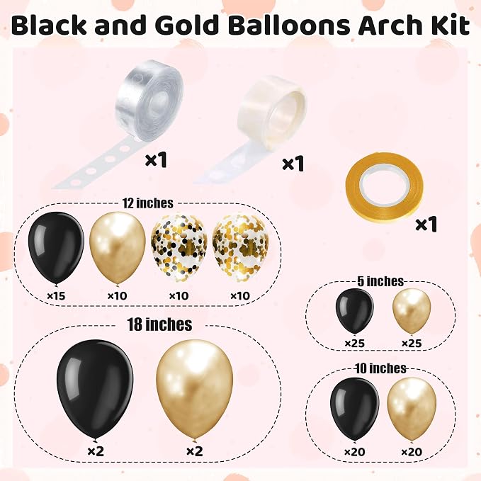 142 Pieces Black and Gold Balloon Garland Arch Kit Black and Gold Confetti - Image 2