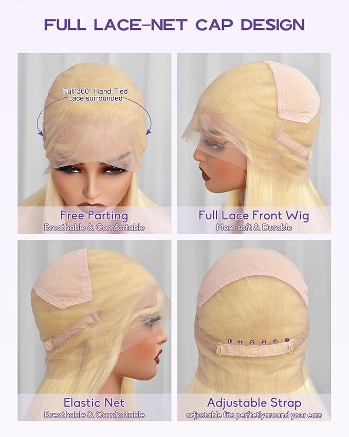 Real Full Lace Human Hair Wigs 613 Lace Front Wig Human Hair 180 Density Body Wave HD Full Lace Blonde Wig Plucked Bleached Knots Breathable Full Scalp Wig for Women 26Inch