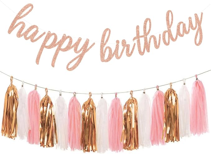 Pink Rose Gold Happy Birthday Decorations by Aonor