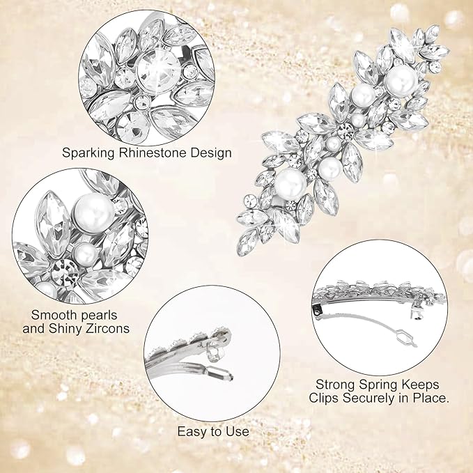 4PCS Rhinestone Hair Clips, Silver Sparkly Pearl Wedding Hair Barrettes, Elegant Metal Alloy Rhinestone Hair Accessories for Women Girls