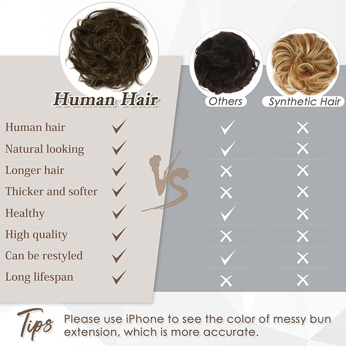 RUWISS Large Messy Bun Hair Piece 100% Human Hair Layered Wavy Curly Hair Buns Hair Piece for Women Thick Updo Hairpiece for Daily Wear Real Hair Scrunchies Medium Brown Ponytail Extension