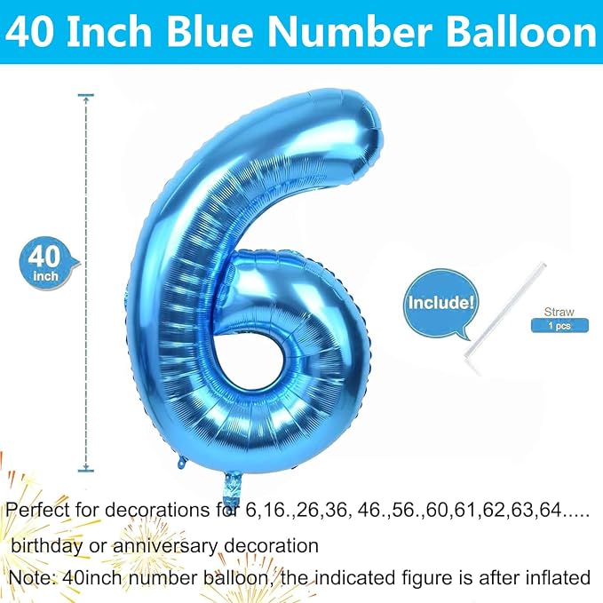 40 inch Blue Number Balloon Giant Foil Helium Balloons Blue Number 6 Balloon - Image 2