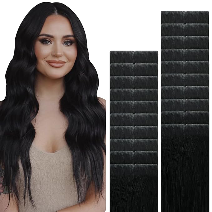 VINBAO Invisible Hair Extensions Tape in Invisi Edge, Jet Black 18in 50g 20pcs, Hand-Tied Virgin Human Hair Tape ins Pro Quality Seamless Blend Silky Straight 18inch #1