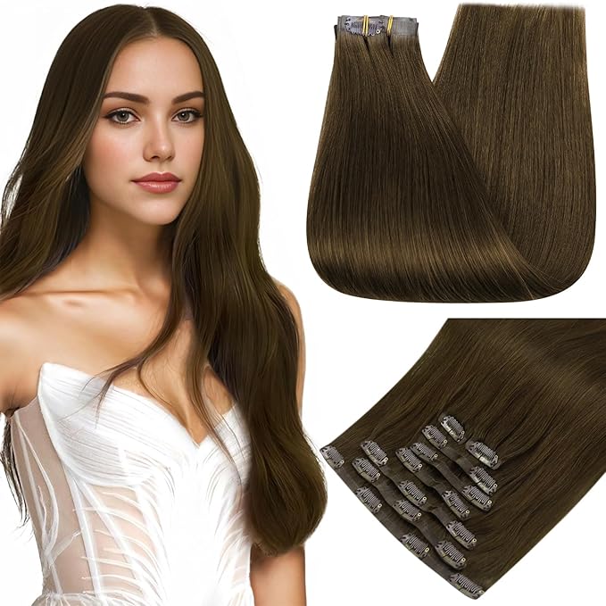 Full Shine Real Hair Extensions Clip in Human Hair Brown Seamless Hair Extensions Clip in Natural Brown Straight PU Weft for Short Hair 12 Inch 95 Grams 8 PCS