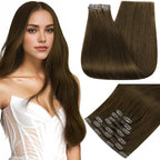 Full Shine Brown Clip in Hair Extensions Natural Brown Seamless Clip ins Full Head Invisible Hair Extension Human Hair Short Real Hair 14 Inch 8 PCS 120 G