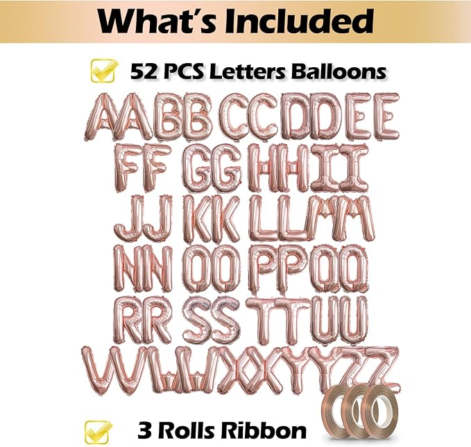 16 Inch 52Pcs Rose Gold Letter Balloons, Reusable Shiny A-Z Foil Balloon Letters - Image 3