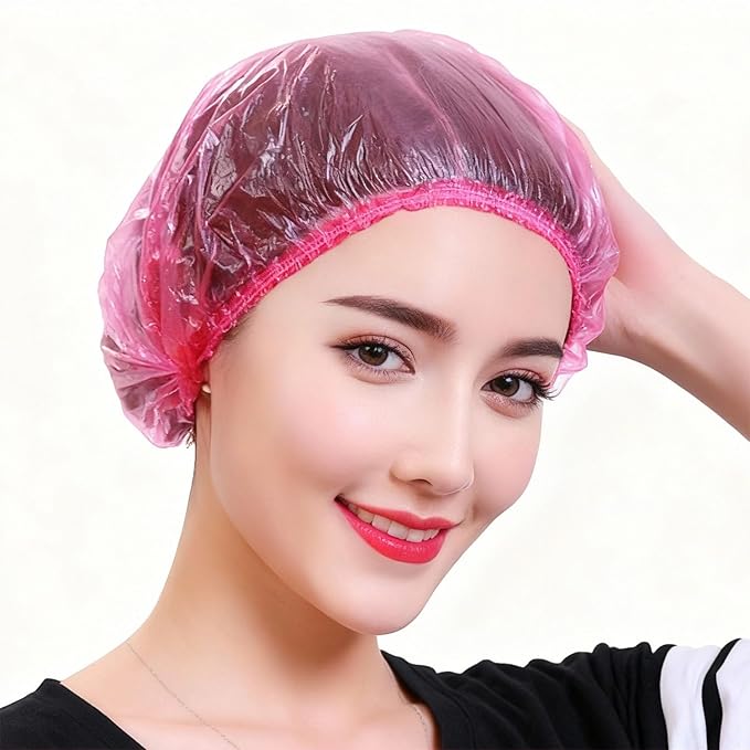 200 PCS Disposable Shower Caps Thickened Waterproof Hair Bath Caps for Women Men Girls Travel Spa Hotel Home Use Salon - Multi-Purpose Elastic Plastic Shower Caps, Essentials Accessories 18.1" (Pink)