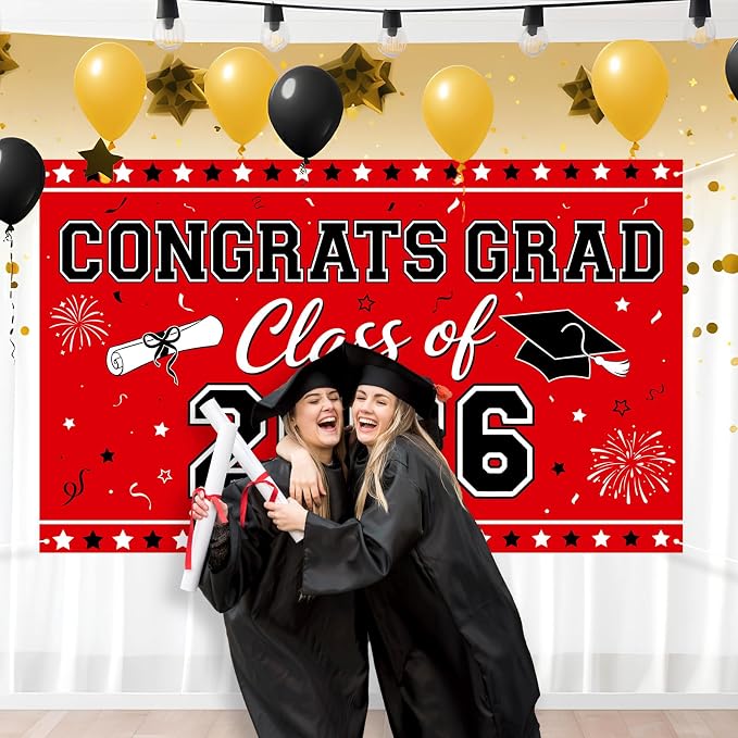 Red Graduation Banner Class of 2026-72" x 44" Congrats Grad Backdrop Decorations - Image 6