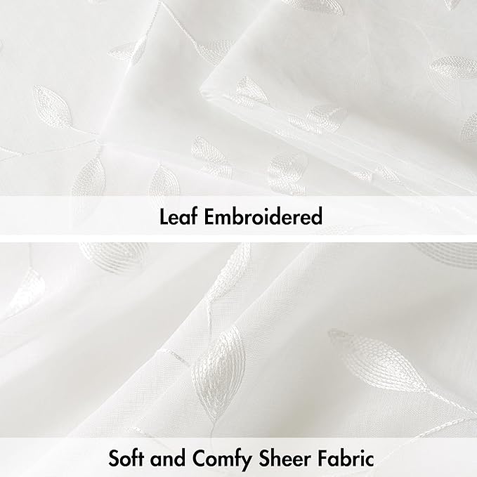 MIULEE Ivory Sheer Curtains 2 Panels Embroidered Leaf Patterned, W52 x L84 | - Image 4