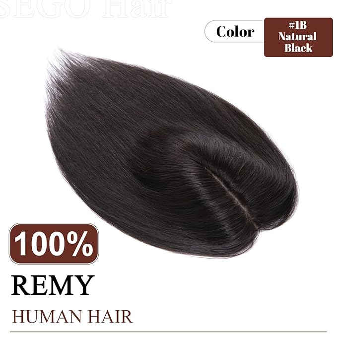 SEGO Real Human Hair Topper for Women, No Bangs Hair Topper with Anti-Slip Clips (8 Inch#1B Natural black)