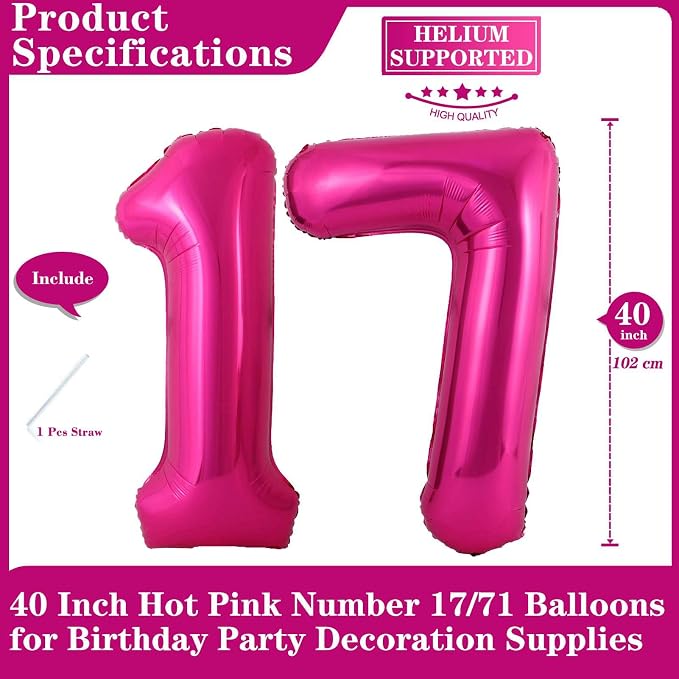 Hot Pink 17 Number Balloons, 40 Inch Giant Number 17 Balloons Foil Mylar Helium - Image 2