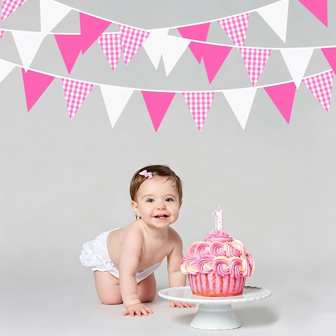 32Ft Hot Pink Party Decorations Pink Buffalo Plaid Checkered White Triangle - Image 4