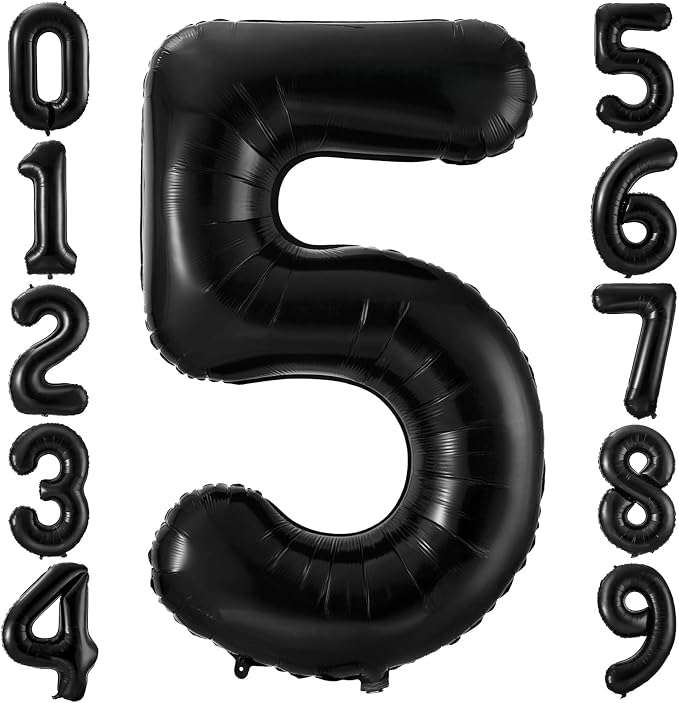 Black 5 Balloon Number, 40 Inch Number 5 Balloon Large Black 5 Foil Mylar by BBPOOL