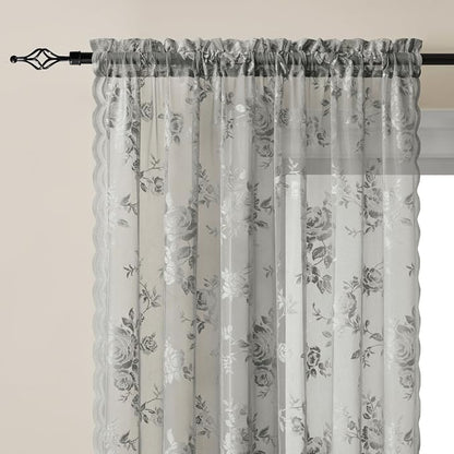 Grey Lace Curtains 108 Inches Long 2 Panels Gray Floral Curtains Embroidery Rod - Image 3
