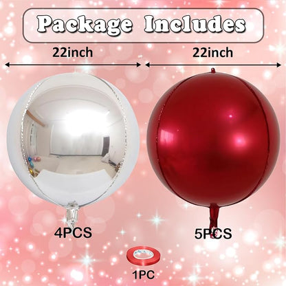 9 Pcs Burgundy Silver Round Foil Balloons Maroon Wine Red Metallic Silver - Image 2