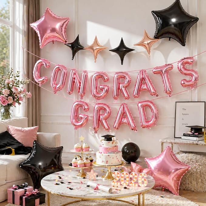 Congrats Grad Balloons, 16 Inch Rose Gold Black Congrats Grad Letters Banner - Image 4
