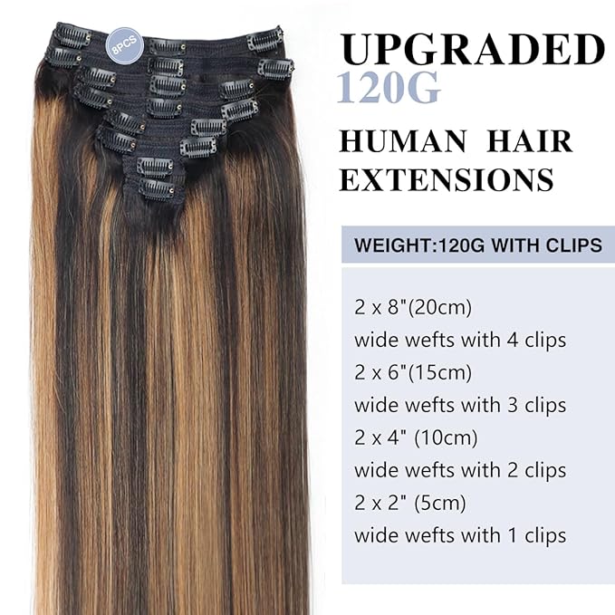 Balayage Clip in Hair Extensions Real Human Hair Straight Remy Human Hair Clip ins for Women, Natural Soft Human Hair, 8Pcs 120g, 26inch #1B/6/1B Balayage Natural Black to Chestnut Brown