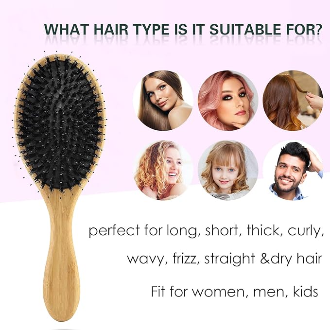 Boar Bristle Hair Brush,No Shampoo Hair Brush,Dry and Wet Detangling Gently Enhances Shine, Smooths Frizz and Prevents Breakage in Fine and Straight, Thick and Curly Hair