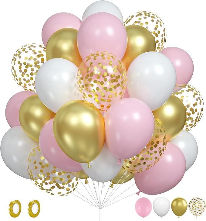 Pink Gold Balloons, 12 Inch Metallic Gold Confetti Balloons Macaron Pink Latex by BIAPIAN