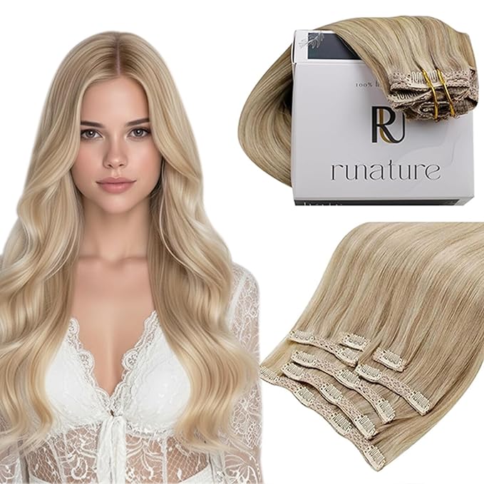 RUNATURE Real Hair Extensions Clip Ins Blonde, Long Clip in Hair Extensions 24 Inch, Remy Human Hair Clip in Extensions, Add Hair Volume, 135g 7pcs #16P22 Dark Ash Blonde Highlight Light Blonde