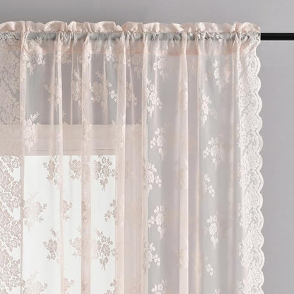 Kotile Short Blush Pink Lace Curtains Rustic Floral W42 x L54 Inch 2 Panels | - Image 3
