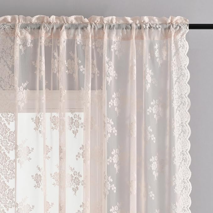 Kotile Blush Pink Floral Lace Curtains - Image 3