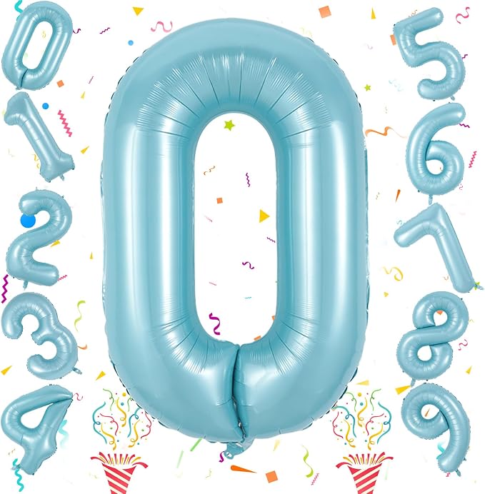 40 Inch Pastel Blue Number 0 Balloons, Giant Self Inflating Foil Number Balloon - Image 9