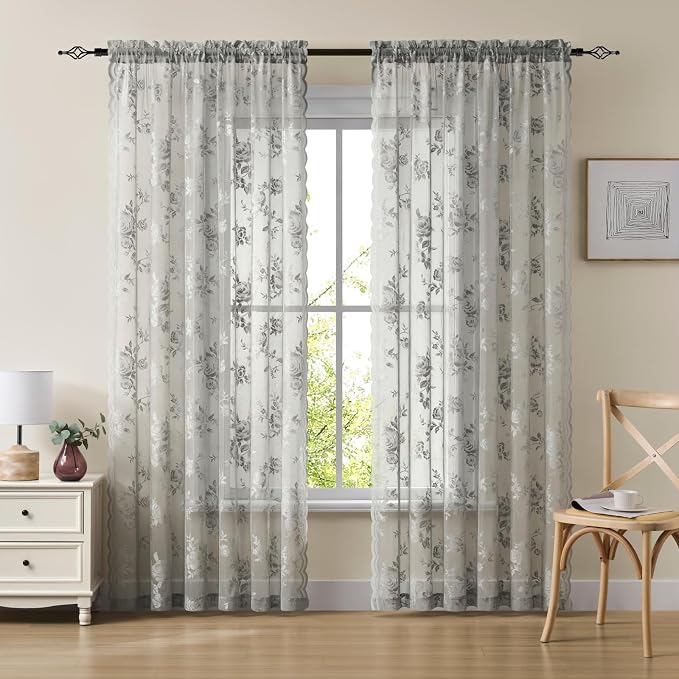 Grey Lace Curtains 54 Inch Length 2 Panels Set Gray Floral Sheer Curtains - Image 2