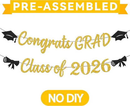 Black and Gold Graduation Banner 2026, Glitter Black and Gold Congrats Grad - Image 6