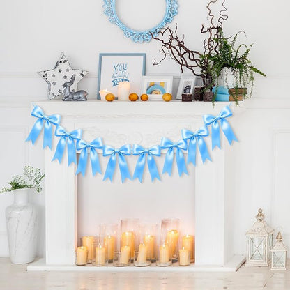 2 Strings of 16PCS Blue Bow Garlands Banner Decoration, Pre-Strung Satin Ribbon - Image 7