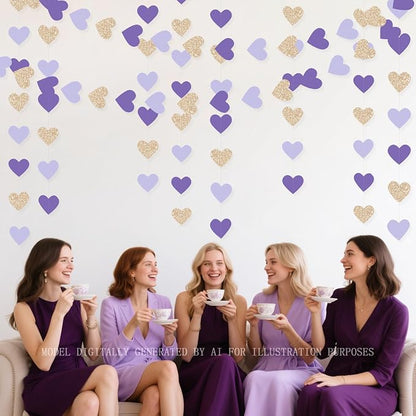 Champagne Gold Purple Heart Party Decorations Glitter Paper Love Heart Hanging - Image 9