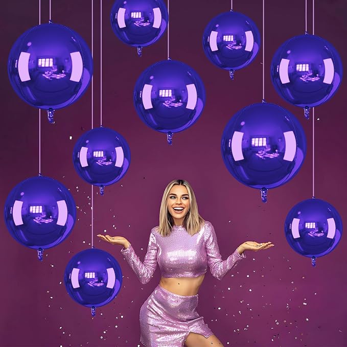 14 Pcs Dark Purple Round Foil Balloons 22/15/10 4D Ball Balloons Purple - Image 3