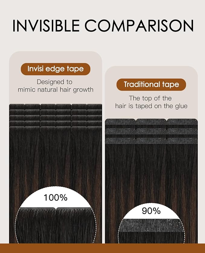 VINBAO Invisi Edge Tape in Hair Extensions 55g 20in Natural Black Ombre to Chocolate Brown 20pcs Invisible Injected Tape in Hair Extensions Real Human Hair 20inch #1BT4