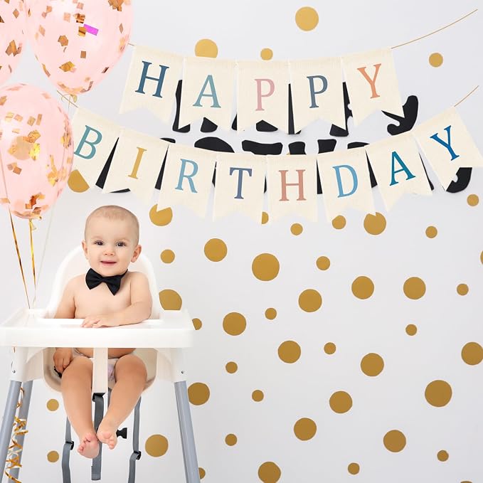 Doumeny Happy Birthday Burlap Banner Boho Birthday Bunting Garland Blue Pink - Image 6
