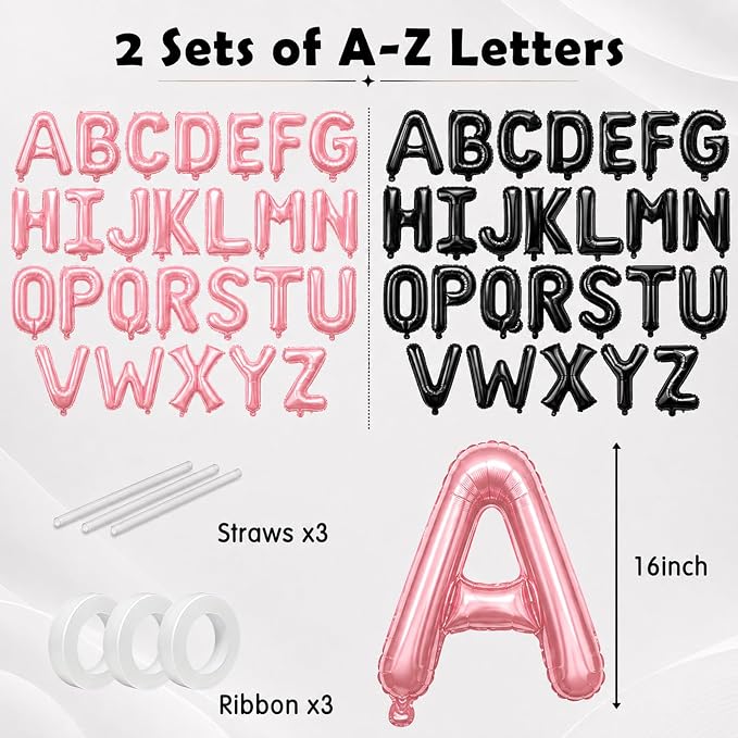 52 Pcs Letter Balloons Pink Black Balloon Banner 16 Inch 2 Sets A- Z Alphabet - Image 2
