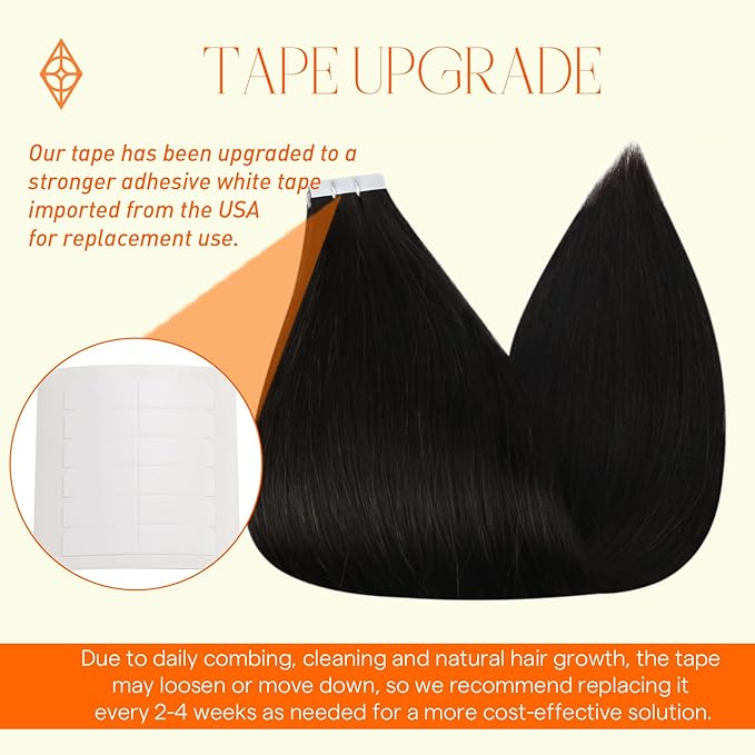 Full Shine Natural Hair Extensions Tape in Color 1B Off Black Seamless Tape in Extensions Soft Hair 16 Inch Straight Hair Extensions Real Human Hair 20 Pcs 50 Gram Skin Weft Hair Extension
