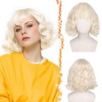 BARSDAR Short Wavy Platinum Blonde Wig with Bangs - Short Wavy Platinum Blonde Wig for Women - Textured Curly Chic French Bob Wigs with Face-Framing Bangs Soft Synthetic Natural Looking