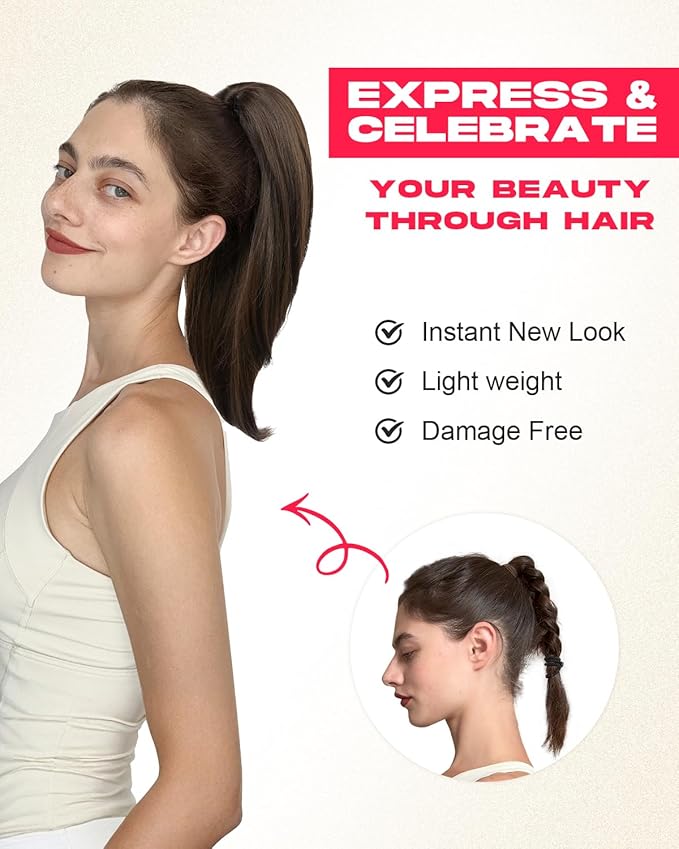Ponytail Extension – 16” Claw Clip in Ponytail Hair Extensions Natural Soft Synthetic High Pony Tail Hairpieces for Women (Grey with White Ends, 16 inch)