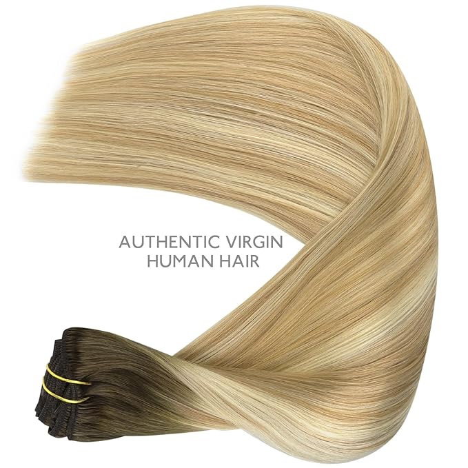 WENNALIFE Clip in Hair Extensions Real Human Hair, 20 Inch 120g 7pcs Remy Hair, Balayage Light Ash Brown to Light White Blonde Hair Extensions Clip In Real Hair Coloured